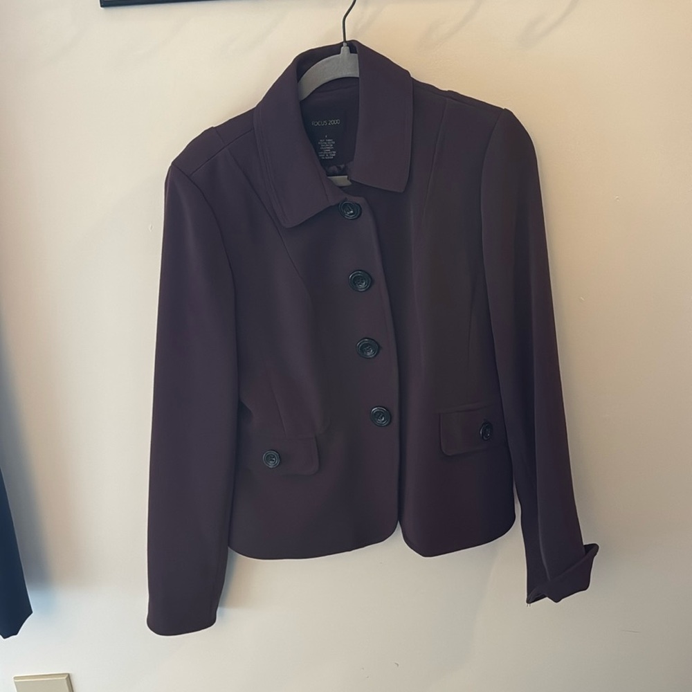 Plum colored, size 8, hip length Blazer with Black buttons